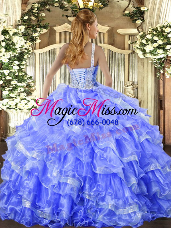 wholesale exquisite sleeveless organza floor length lace up vestidos de quinceanera in blue with beading and ruffled layers