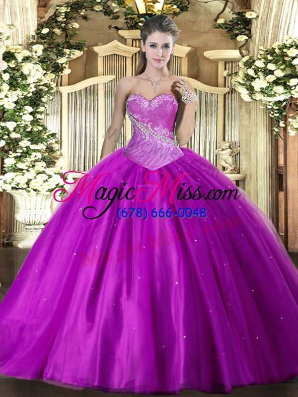 wholesale purple ball gowns sweetheart sleeveless tulle floor length lace up beading quinceanera dress