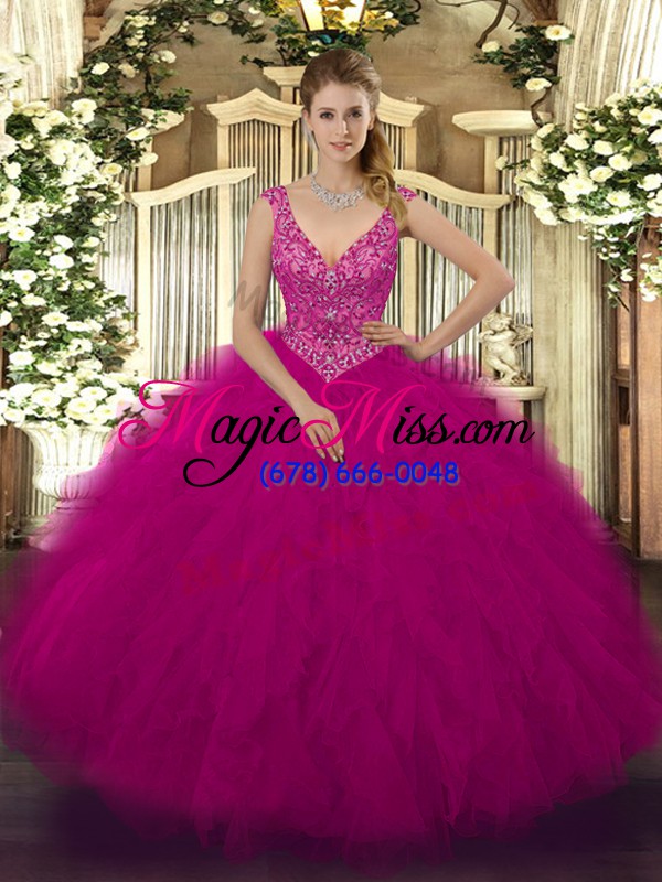 wholesale unique fuchsia ball gowns v-neck sleeveless tulle floor length zipper beading and ruffles quince ball gowns