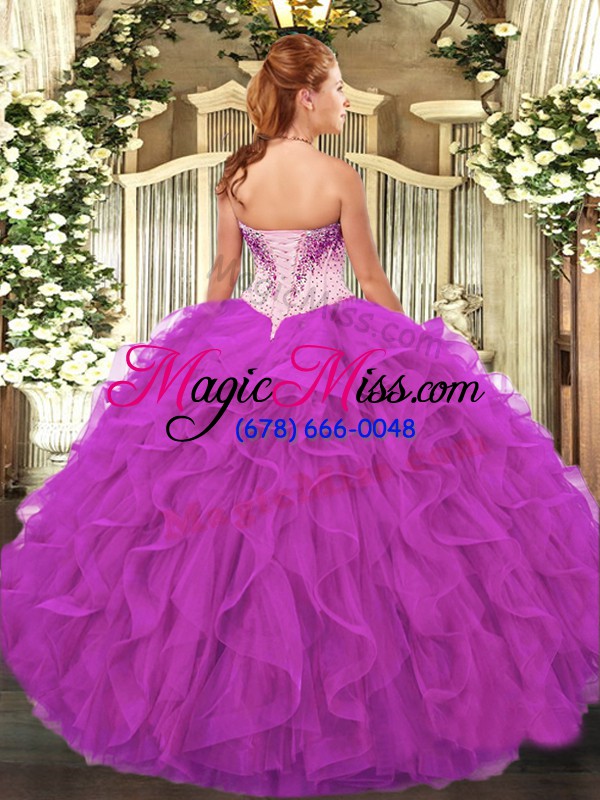 wholesale flare sleeveless organza floor length lace up quinceanera gown in purple with beading and ruffles