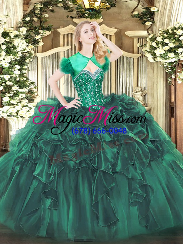 wholesale dark green organza lace up sweet 16 dress sleeveless floor length beading and ruffles
