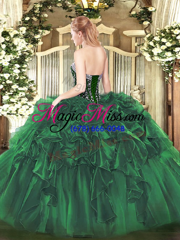 wholesale dark green organza lace up sweet 16 dress sleeveless floor length beading and ruffles