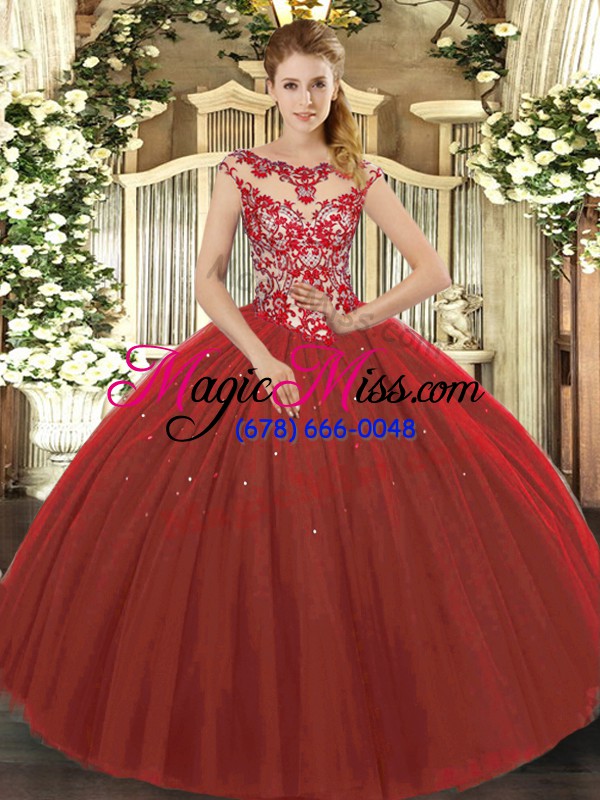 wholesale wine red quince ball gowns sweet 16 and quinceanera with beading and appliques scoop cap sleeves lace up