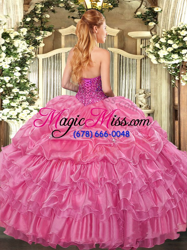 wholesale rose pink sleeveless floor length beading and ruffled layers and pick ups lace up quinceanera gown