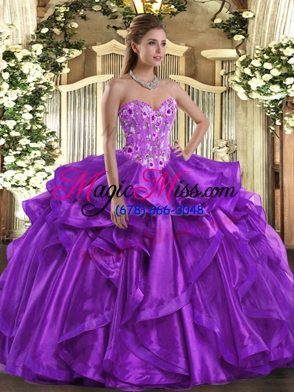 wholesale eggplant purple 15th birthday dress sweet 16 and quinceanera with embroidery and ruffles sweetheart sleeveless lace up