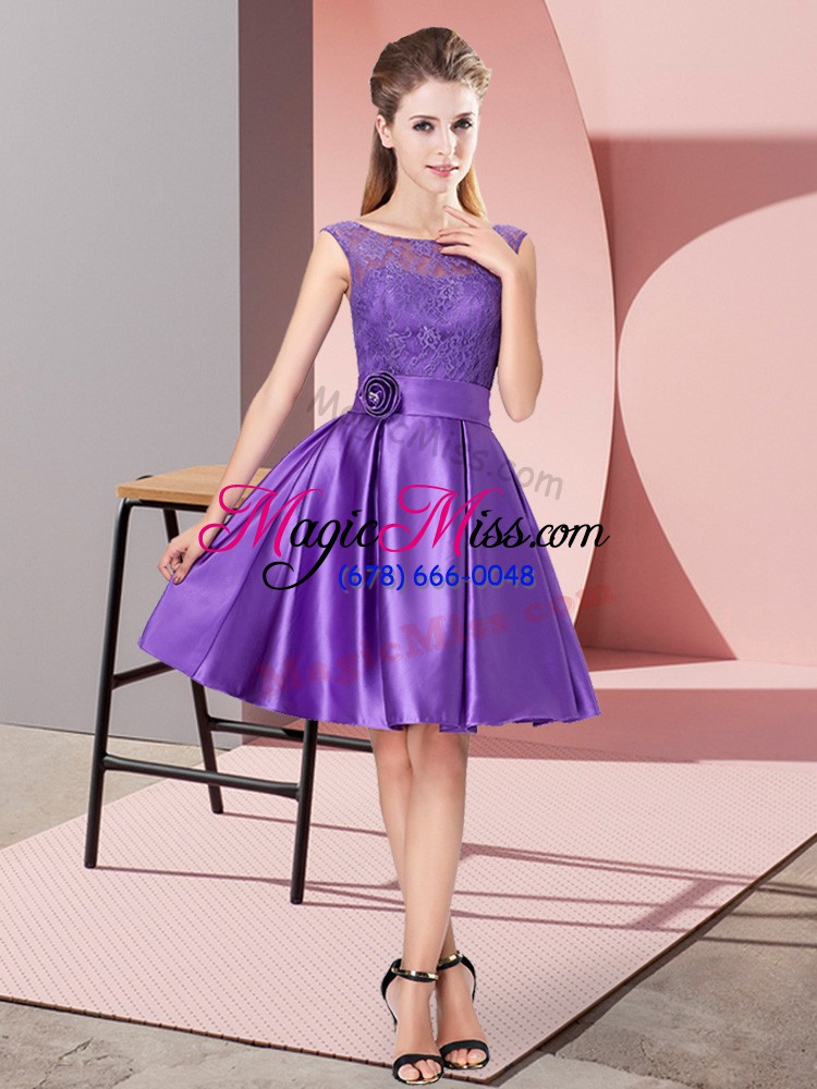 wholesale purple a-line lace and hand made flower prom gown zipper satin sleeveless knee length