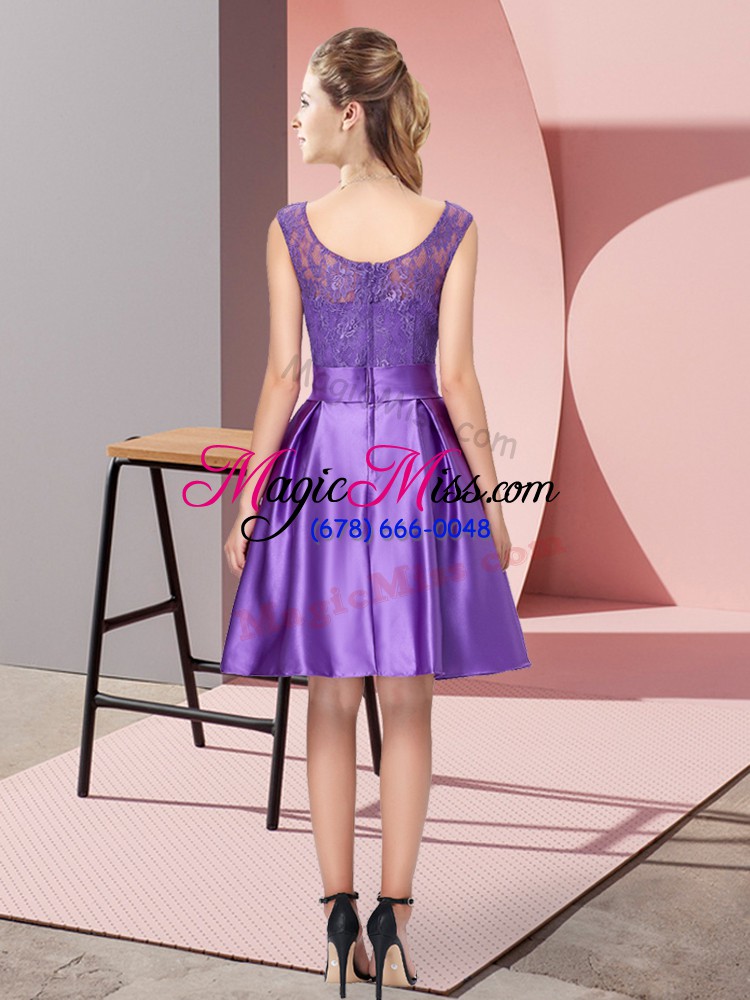 wholesale purple a-line lace and hand made flower prom gown zipper satin sleeveless knee length