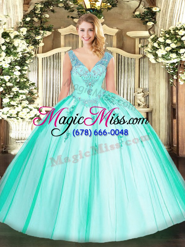 wholesale sleeveless floor length beading lace up ball gown prom dress with turquoise