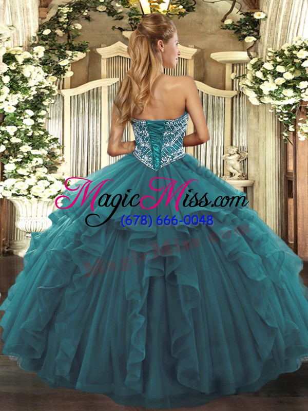 wholesale romantic floor length turquoise sweet 16 dresses tulle sleeveless beading and ruffles