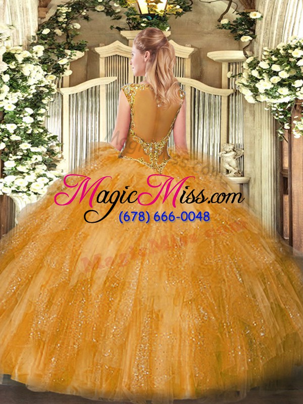 wholesale great gold ball gowns scoop sleeveless tulle floor length zipper beading and ruffles sweet 16 quinceanera dress