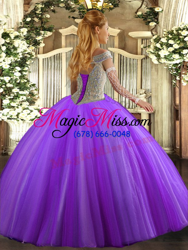 wholesale fuchsia ball gowns off the shoulder sleeveless tulle floor length lace up beading vestidos de quinceanera