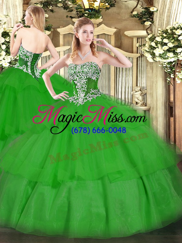 wholesale simple green strapless lace up beading and ruffled layers quinceanera gowns sleeveless