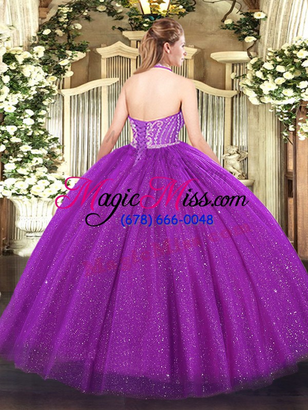 wholesale comfortable halter top sleeveless tulle quinceanera gown beading lace up