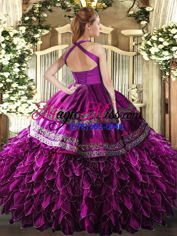 wholesale popular purple lace up halter top embroidery and ruffles 15 quinceanera dress organza sleeveless