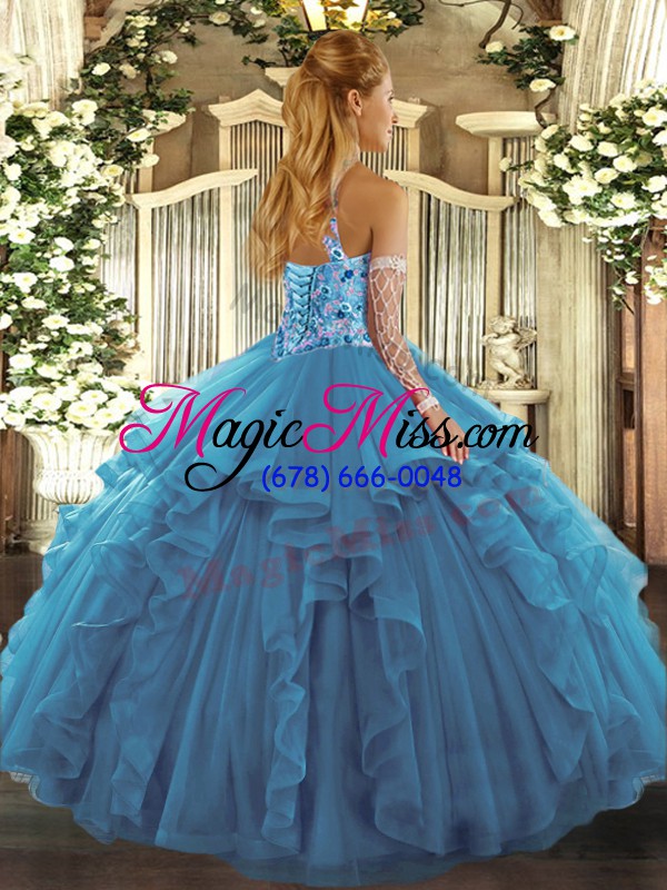 wholesale extravagant organza halter top sleeveless lace up beading and embroidery and ruffles sweet 16 quinceanera dress in blue