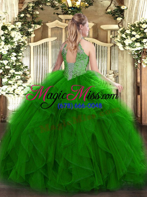 wholesale olive green ball gowns halter top sleeveless organza floor length lace up beading and ruffles quinceanera dresses