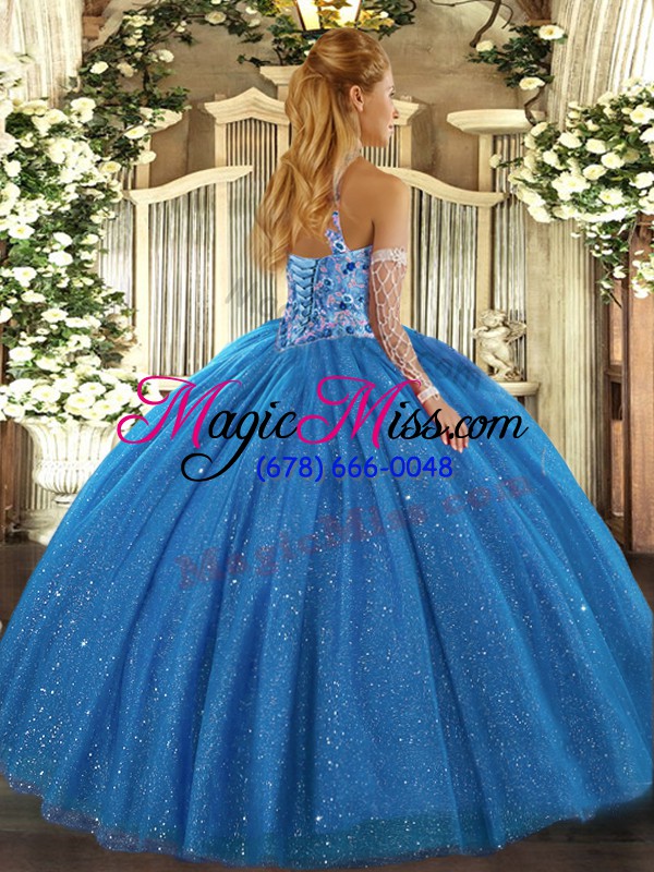 wholesale exceptional sleeveless floor length beading and embroidery lace up vestidos de quinceanera with royal blue