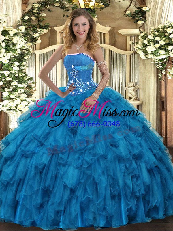 wholesale baby blue ball gowns organza strapless sleeveless beading and ruffles floor length lace up quinceanera dresses
