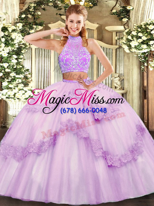 wholesale lavender sleeveless floor length beading and lace and ruffles criss cross sweet 16 quinceanera dress