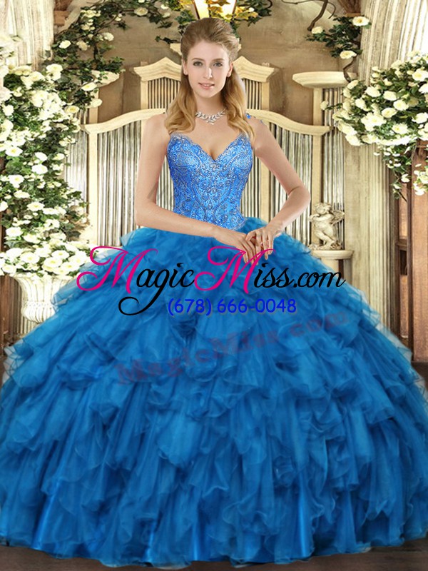 wholesale blue ball gowns beading and ruffles quinceanera gowns lace up organza sleeveless floor length
