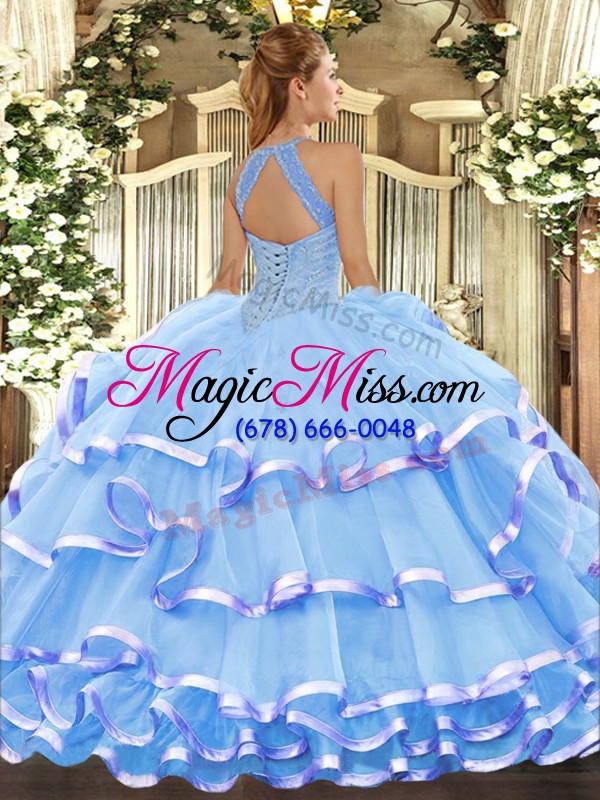 wholesale sleeveless organza floor length lace up quinceanera dress in lavender with beading and ruffled layers