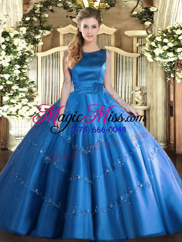 wholesale excellent baby blue tulle lace up quince ball gowns sleeveless floor length appliques