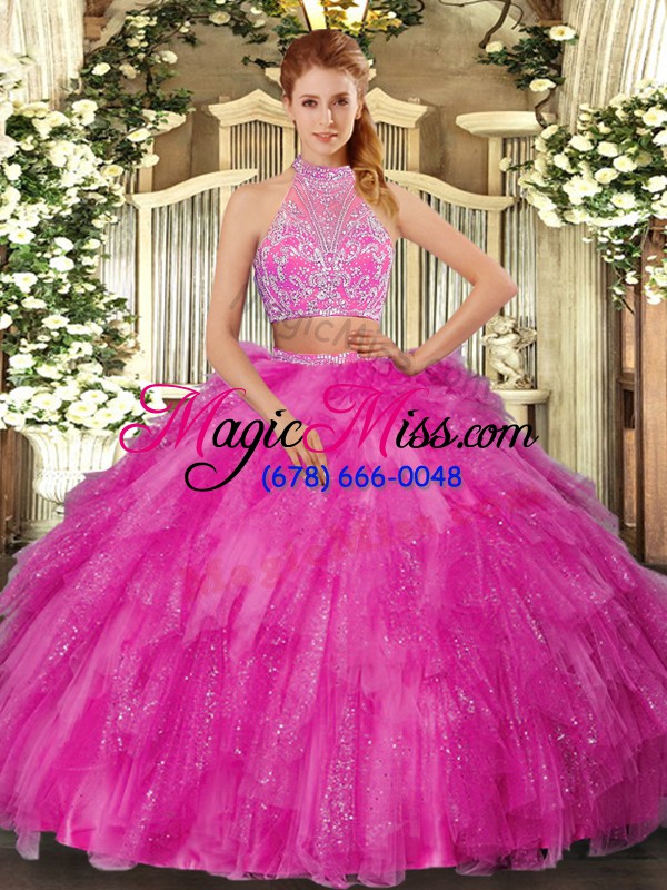 wholesale simple hot pink two pieces tulle halter top sleeveless beading floor length criss cross sweet 16 dress