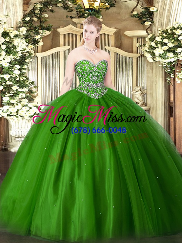 wholesale romantic floor length green sweet 16 dresses tulle sleeveless beading