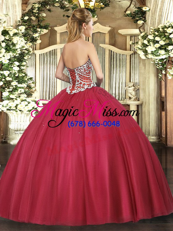 wholesale sophisticated red lace up sweetheart beading ball gown prom dress tulle sleeveless