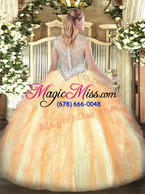 wholesale gold scoop neckline beading and ruffles ball gown prom dress sleeveless zipper