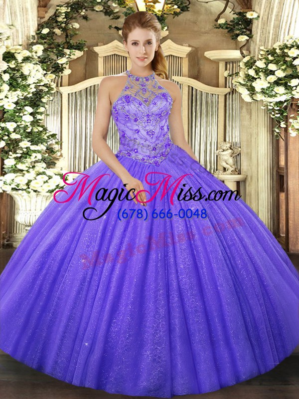 wholesale tulle halter top sleeveless lace up beading and embroidery quinceanera gowns in lavender