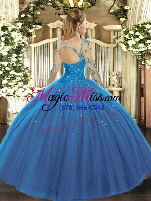 wholesale decent teal ball gowns tulle scoop long sleeves lace floor length lace up quinceanera dress