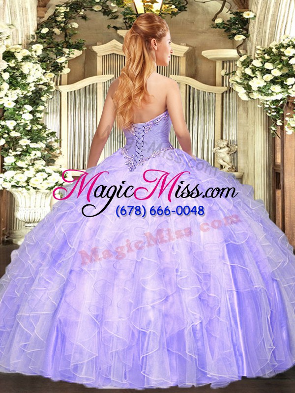 wholesale custom fit lavender tulle lace up strapless sleeveless floor length ball gown prom dress appliques and ruffles