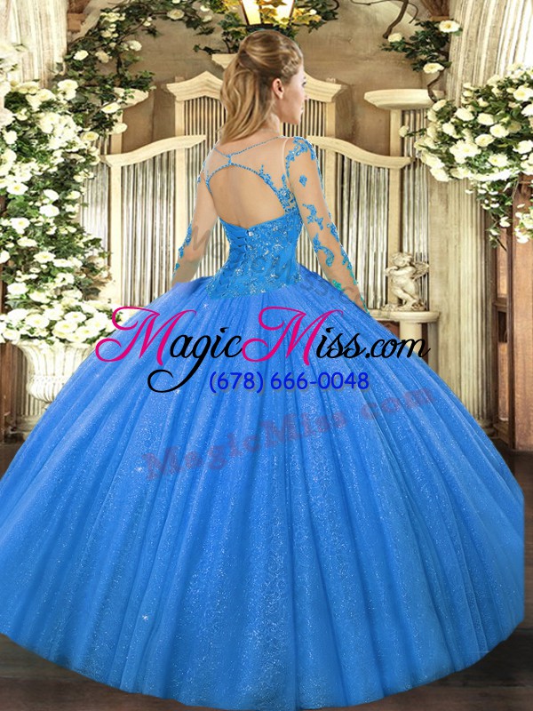 wholesale fantastic blue scoop neckline lace quinceanera dresses long sleeves lace up