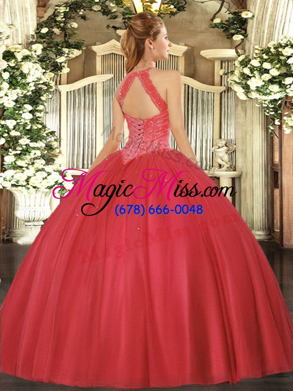 wholesale fuchsia ball gowns tulle high-neck sleeveless beading floor length lace up quince ball gowns