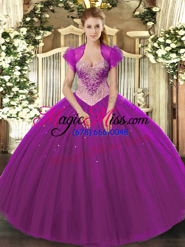 wholesale fantastic eggplant purple ball gowns tulle sweetheart sleeveless beading floor length lace up quinceanera gowns