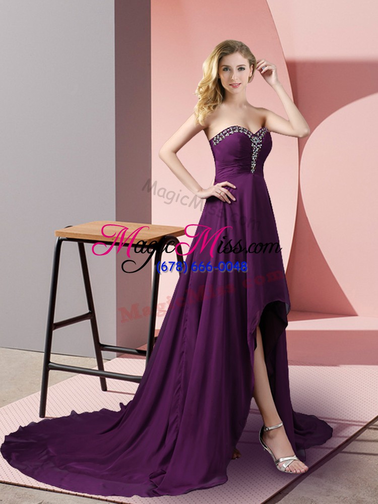 wholesale purple chiffon zipper homecoming dress sleeveless high low beading