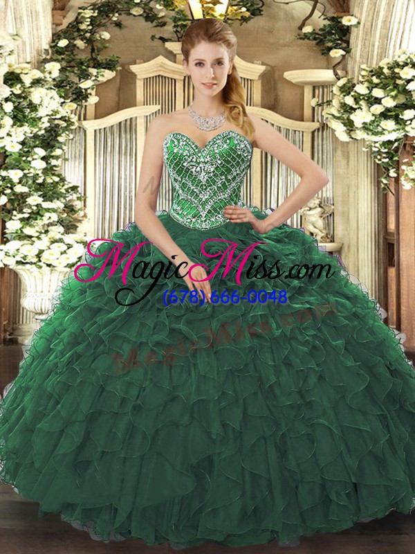 wholesale sleeveless tulle floor length lace up sweet 16 quinceanera dress in dark green with beading and ruffled layers