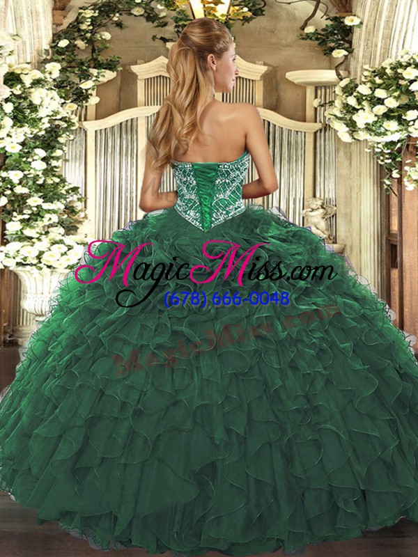 wholesale sleeveless tulle floor length lace up sweet 16 quinceanera dress in dark green with beading and ruffled layers