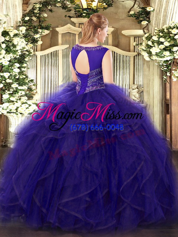 wholesale custom made purple organza and tulle lace up sweet 16 dresses sleeveless floor length beading and ruffles