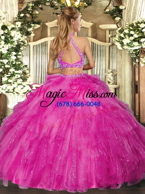 wholesale sleeveless tulle floor length criss cross quince ball gowns in fuchsia with beading and ruffles