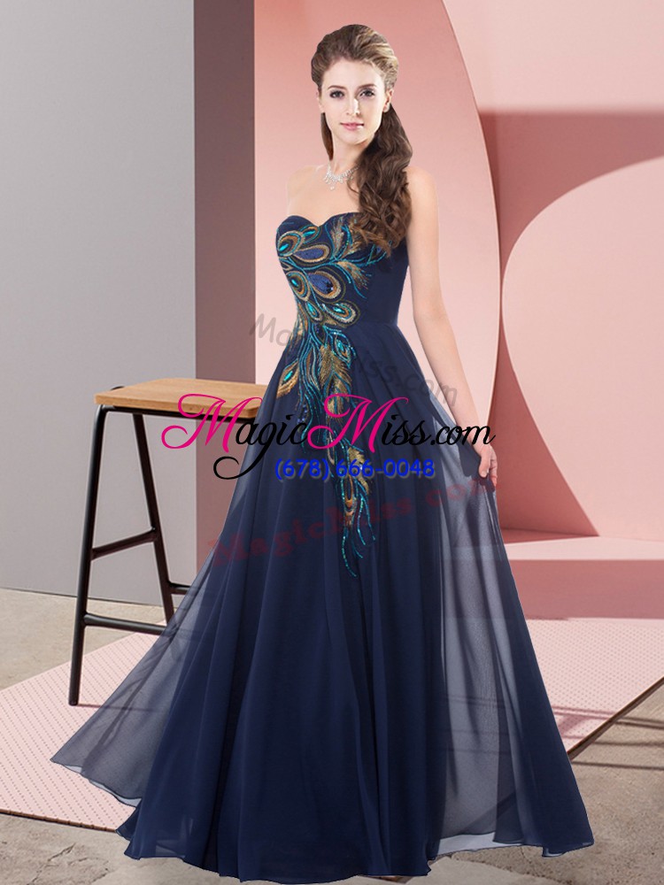 wholesale vintage floor length navy blue prom gown chiffon sleeveless embroidery