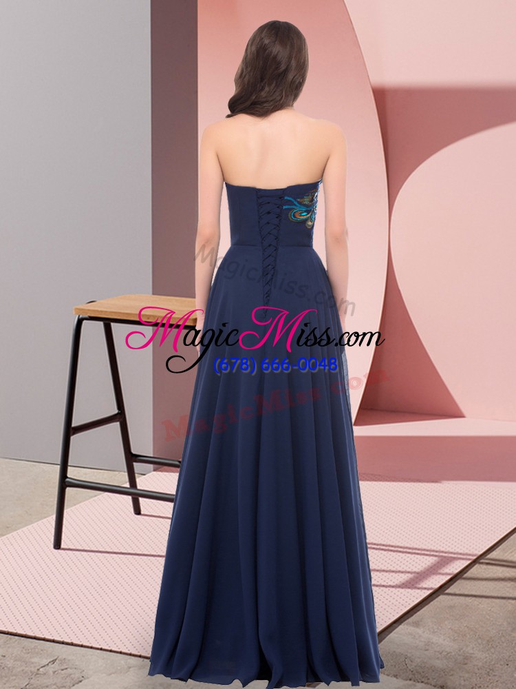 wholesale vintage floor length navy blue prom gown chiffon sleeveless embroidery