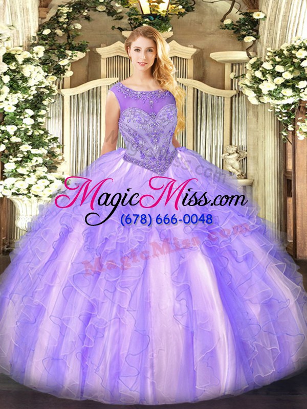 wholesale custom made lavender organza lace up scoop sleeveless floor length quinceanera dresses beading and ruffles