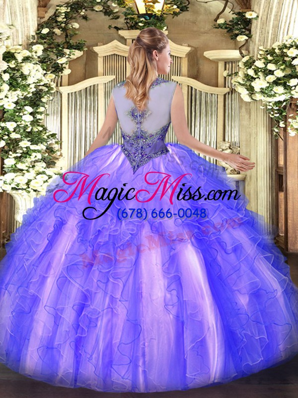 wholesale custom made lavender organza lace up scoop sleeveless floor length quinceanera dresses beading and ruffles