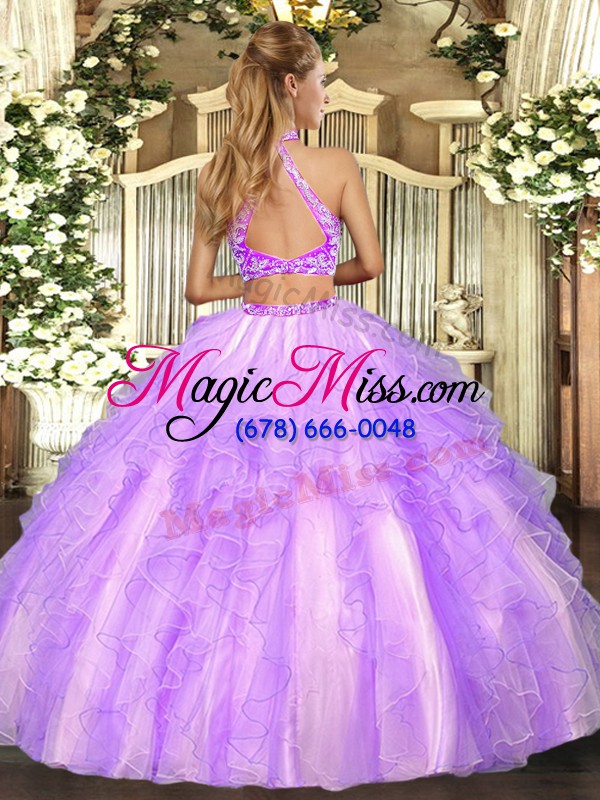 wholesale stylish tulle halter top sleeveless criss cross beading and ruffled layers sweet 16 quinceanera dress in lavender