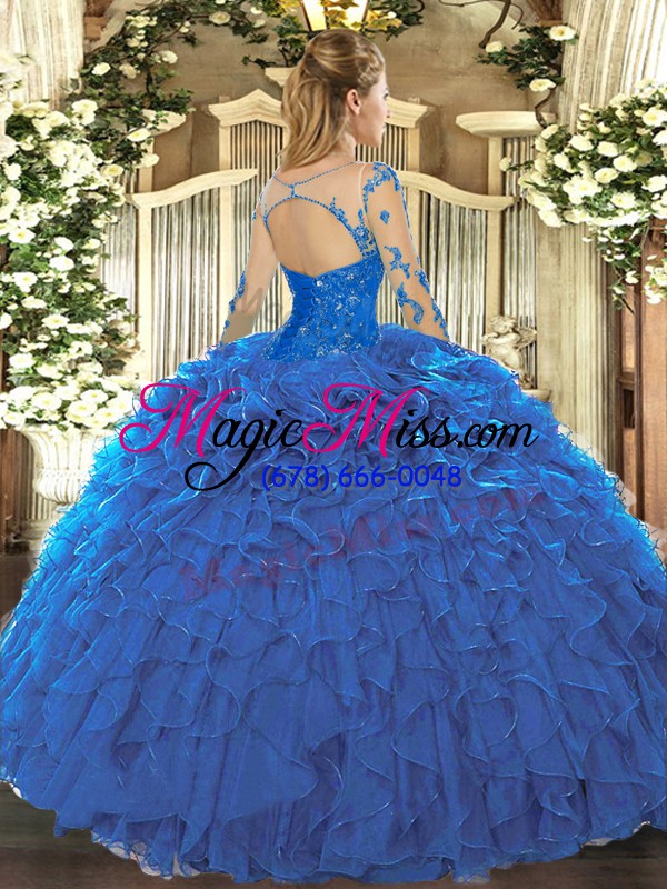 wholesale blue organza lace up scoop long sleeves floor length ball gown prom dress lace and ruffles