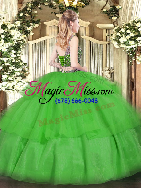 wholesale floor length green sweet 16 quinceanera dress tulle sleeveless beading and ruffled layers