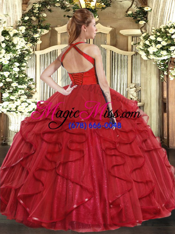 wholesale halter top sleeveless ball gown prom dress floor length ruffles fuchsia tulle