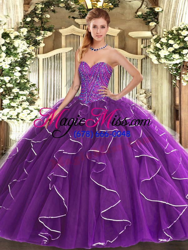 wholesale fashionable purple sleeveless tulle lace up sweet 16 quinceanera dress for military ball and sweet 16 and quinceanera